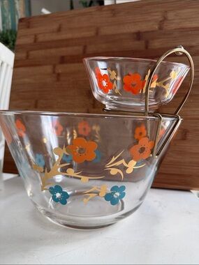 60s WEST VIRGINIA GLASS Dip Bowl Set Daisy Flower Pattern Blue Orange Gold Retro